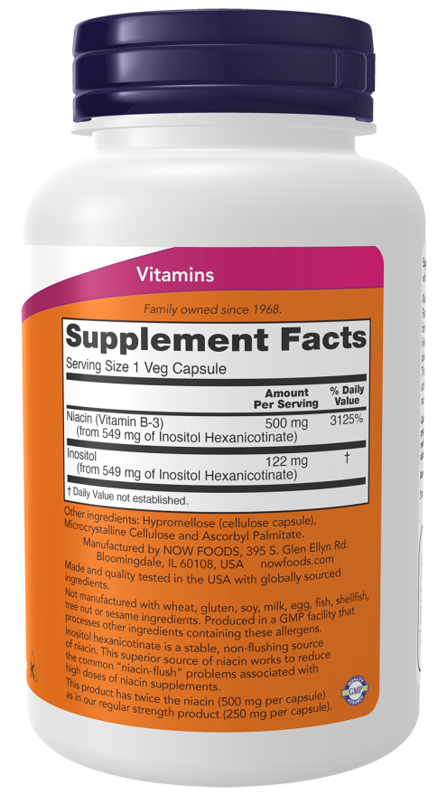 Cápsulas vegetales de niacina de 500 mg de doble potencia que evitan el enrojecimiento. (180 Cápsulas)
