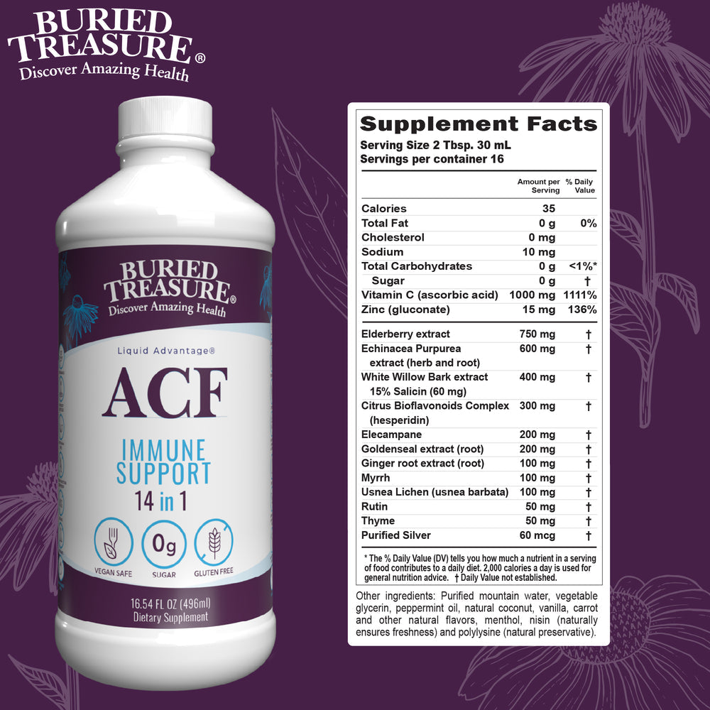 Nutrientes líquidos Buried Treasure® ACF Original: Refuerzo inmunitario líquido de corta duración con vitamina C, zinc y una mezcla de hierbas