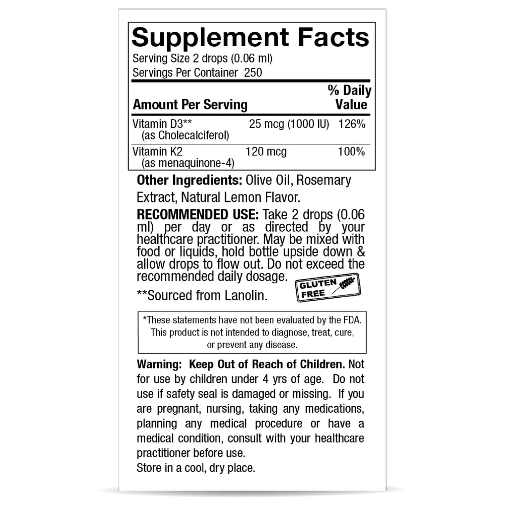 Vitamina D3 y K2 líquida 0.5 oz