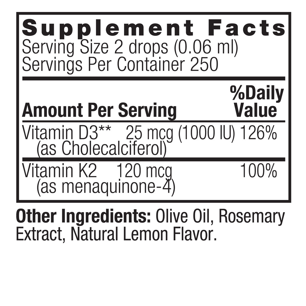 Vitamina D3 y K2 líquida 0.5 oz