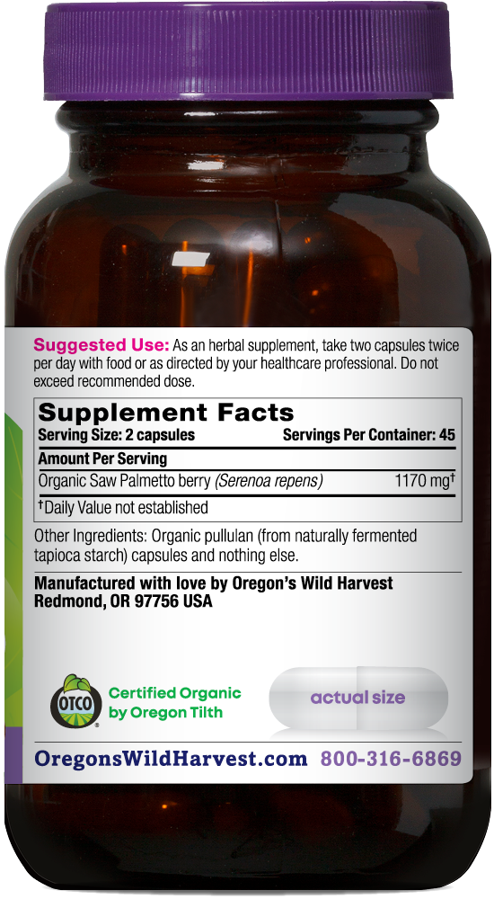 Cápsulas orgánicas de Saw Palmetto, 90 unidades