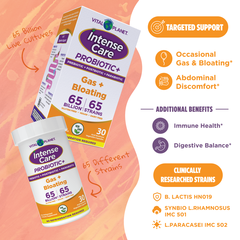 Probiótico para gases e hinchazón Intense Care - Conservable, 30 unidades