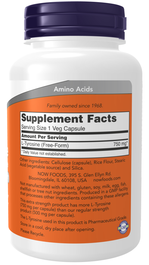 L-tirosina 750 mg, cápsulas vegetales extra fuertes