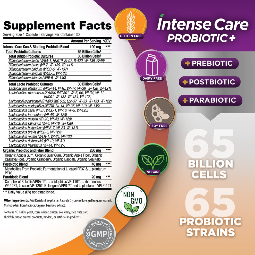 Probiótico para gases e hinchazón Intense Care - Conservable, 30 unidades