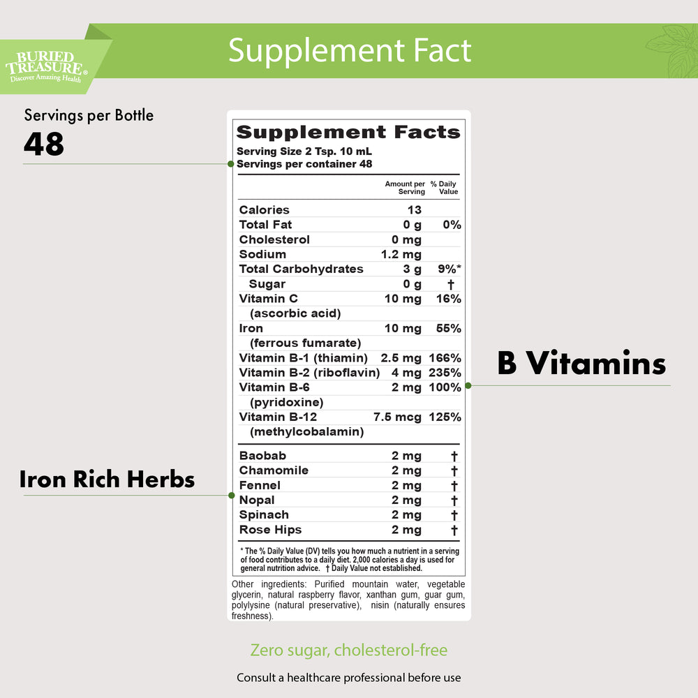 Hierro Herbal: Suplemento de hierro líquido con vitaminas y hierbas, 473 ml (48 porciones)