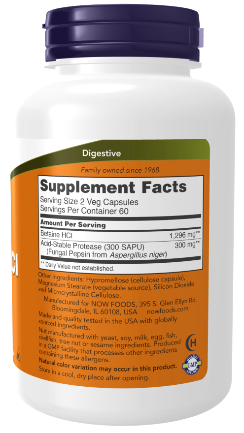 Cápsulas vegetales de clorhidrato de betaína de 648 mg
