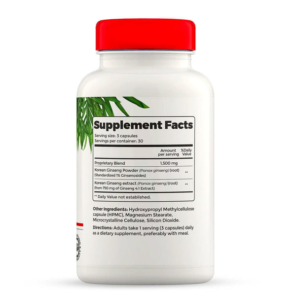 Ginseng coreano - 1500 mg - Favorece la energía, la concentración y la vitalidad. Kosher - 90 cápsulas vegetales.