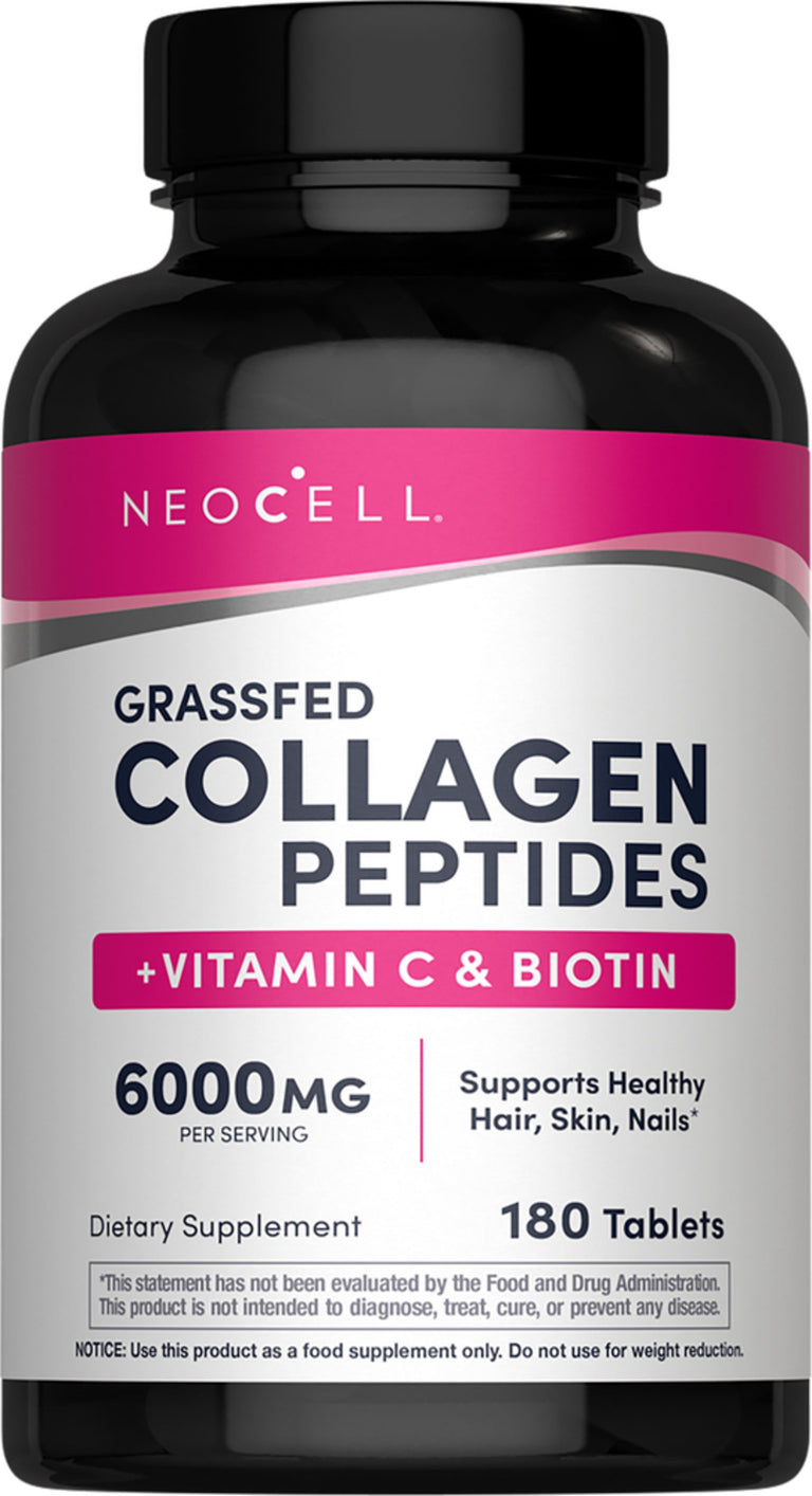 Péptidos de colágeno de animales alimentados con pasto + vitamina C y biotina, 180 comprimidos