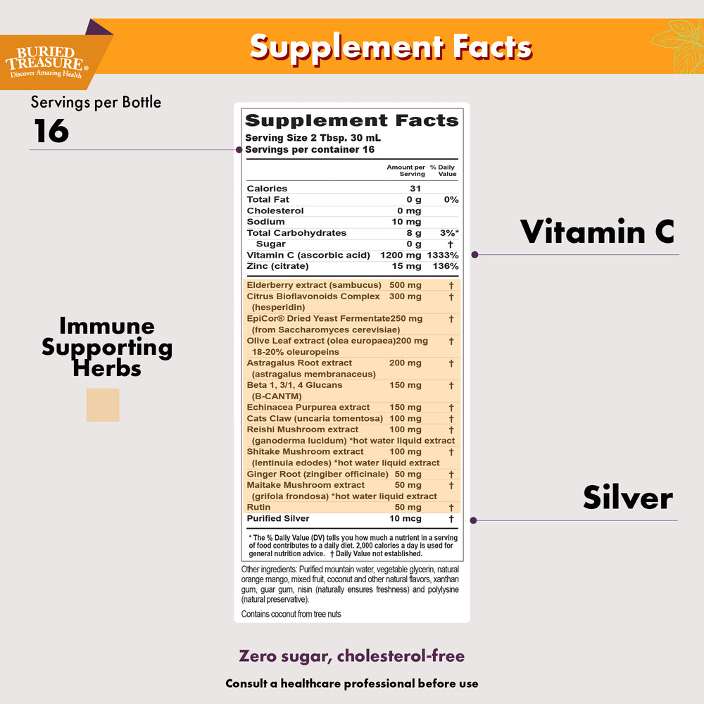 Nutrientes líquidos Buried Treasure® para el bienestar inmunitario diario de adultos: suplemento líquido con vitamina C y antioxidantes