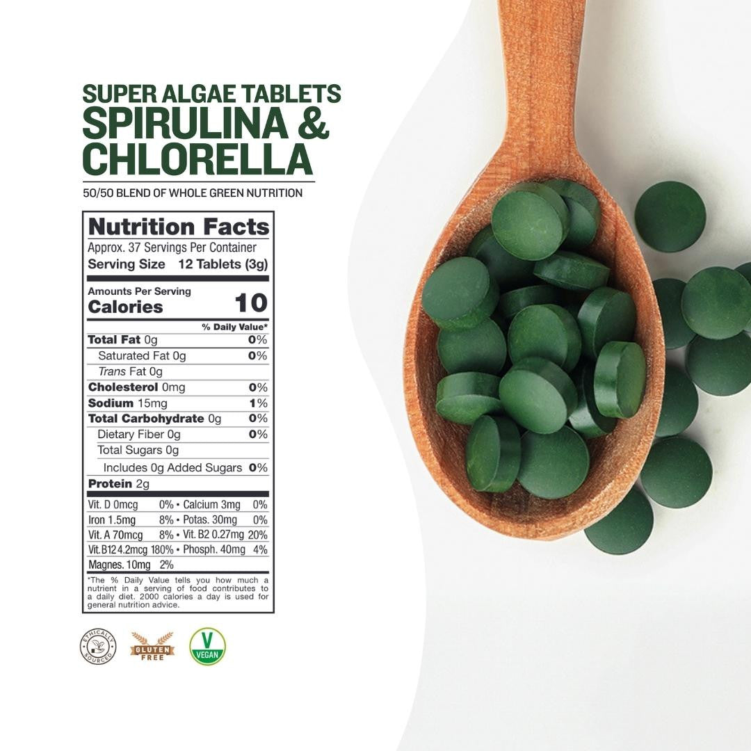 Tabletas de espirulina y clorella, 4 oz